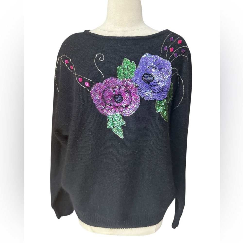 1980s Worthington Floral Sequins & Beaded Silk/Angora‎ Sweater